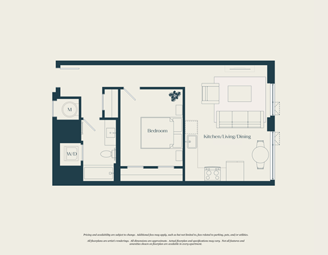 Floor plan for 1 bed, 1 bath, 635 sqft